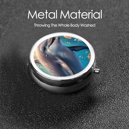 ZhongGuo Cute Dolphin Printed Pill Organizer,Round Travel Pill Organizer Mini Medicine Pill Box for Purse Iron Plating