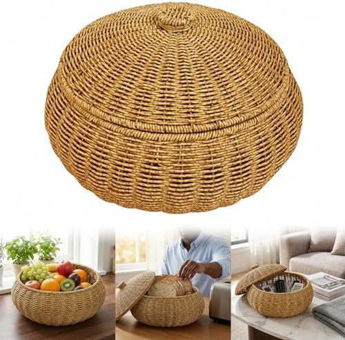 Round Rattan Boxes with Lid, Natural Woven Storage Basket Bin with Cover, Weaving Decorative Shelf Basket Snacks Tea Set Storage Box-10.63x10.63x5.91inch