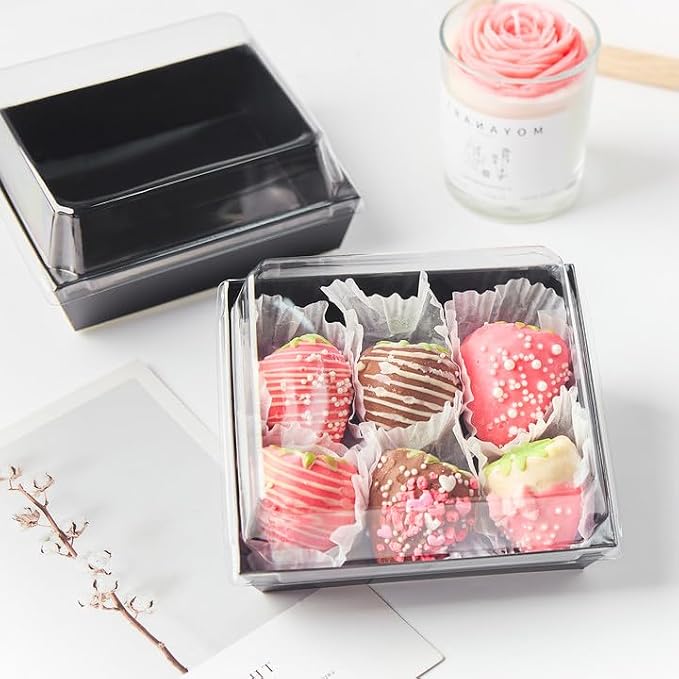 ZORRITA 50 Pack 5 Inch Paper Charcuterie Boxes with Clear Lids, Black | Small, Square, To Go Food Containers, Bakery Boxes, For Mini Cake, Desserts, Cookies, Sandwiches, Strawberries