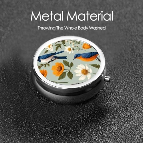 Garden Blossoming Wildflowers Birds Leaves Branches Printed Pill Organizer,Round Travel Pill Organizer Mini Medicine Pill Box for Purse Iron Plating