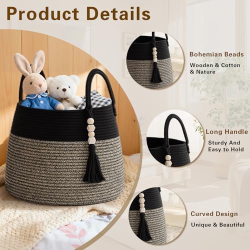 Large Nursery Hamper, 30L Blanket Basket with Handle, Baby Laundry Basket for Gift, Toy, Clothes, Woven Storage Basket with Wooden Bead Decor, Baby Hamper for Nursery (Black&Brown)
