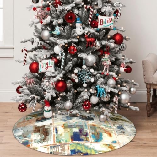 Christmas Tree Skirt, Soft Polyester Xmas Tree Skirts with Ribbon Ties, Rustic Farmhouse Holiday Party Decorations Imitation of A Grunge Dirty Texture 30"