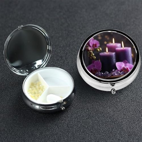 Pill Box 3 Compartment Medicine Pill Case for Pocket or Purse Mini Metal Pillcase Purple Flowers and Candles Pill Holder Vitamin Organizer Portable Travel Pills Container to Hold Supplements Vitamins