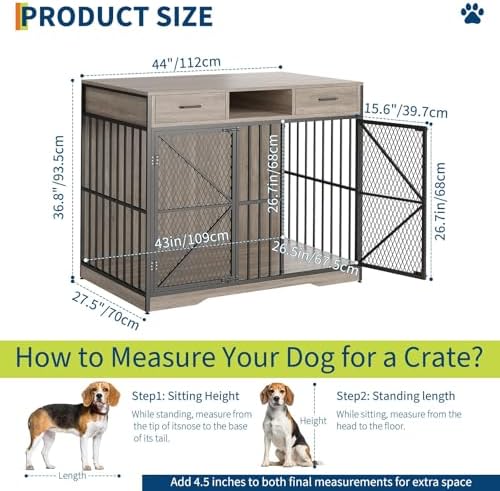 Dog Crate, Heavy-Duty Dog Crate Furniture Storage Table, Double Doors Dog Kennel Indoor Easy Access, Removable Tray Small Dog Crate Dog Kennel Furniture for Home, Vintage Brown/Black 44-Inch
