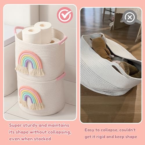Toy Storage Baskets Woven Cotton Rope Storage Basket with Rainbow Decor for Kids, Blanket Baskets for Living Room Toys Organizer Rainbow Baby Gifts Basket with Handle for Girls Nursery Playroom