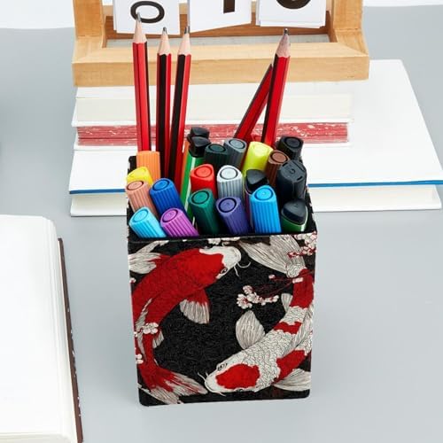 Lucky Fish Pen Holder for Desk Decor, Rectangular PVC Leather Pencil Cup for Desk Pen Organizer, Makeup Brush Holder for School, Home, Office