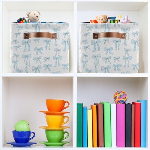 Wamika Bow Blue Storage Basket with Waterproof Liner and PU Handles Bowknot Cute White Storage Bins Boxes 14.2" Collapsible Decorative Organizer Baskets for Bedroom Closet Office 2 Pack