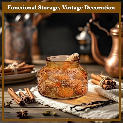 Decorative Amber Embossed Glass Jar with Airtight Wooden Lid, 25.4 fl. oz | Wide mouth vintage storage canister, kitchen pantry bathroom organization, coffee sugar tea cookie candy candle vase gift