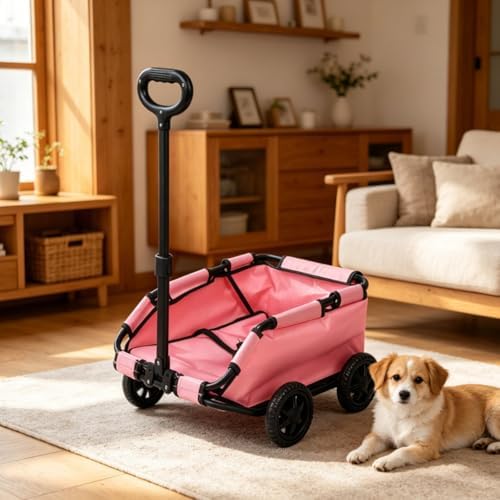 Folding Travel Cart Pet Carrier Cart Utility Wagon with V Shape Opening Internal Buckles Smooth Movement for Light Carrying and Suitable for Walking Pet Supplies Vacation, Pink