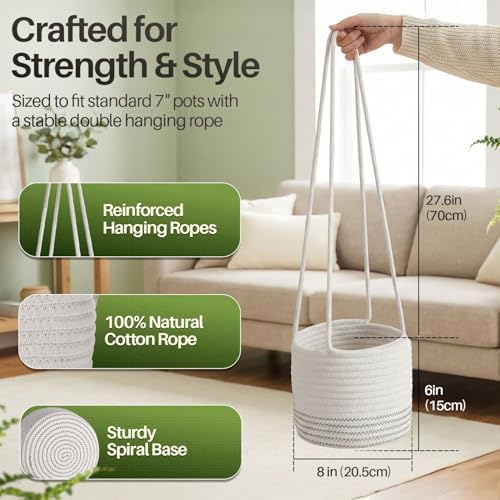 Flexzion Woven Hanging Planter Basket for Indoor Plants, 8 Inch, White | Plant Holder Fits Pots Up to 7 Inches; 20-Inch Hanging Rope Adds Boho Style While Saving Floor and Shelf Space