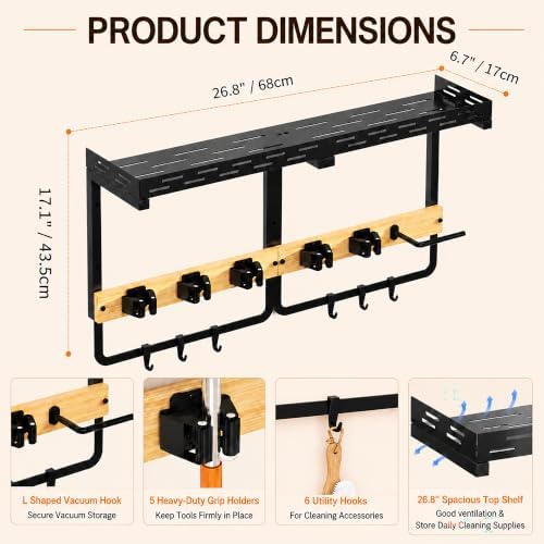 Mop and Broom Holder Wall Mount with Shelf,Vacuum holder,5 Grips,6 Hooks | 3-in-1 Cleaning Supply Wall Organizer,Top Shelf with Railing,Storage Rack for Laundry Utility Garages Kitchens,
