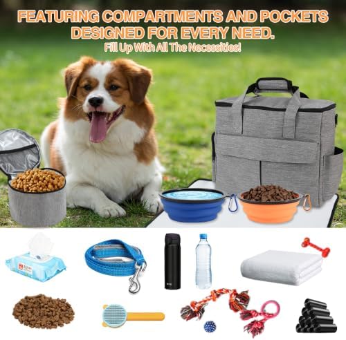Dog Travel Bag with 2 Food Containers Collapsible Bowls & Feeding Mat, Grey