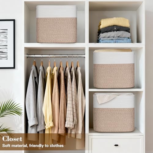 15×13 Inch Storage Cubes, 3 Pack Cube Storage Bins for Organizing, Cotton Rope Woven Baskets for Shelves, Bathroom, Kids Room, Closets, Baby Nursery