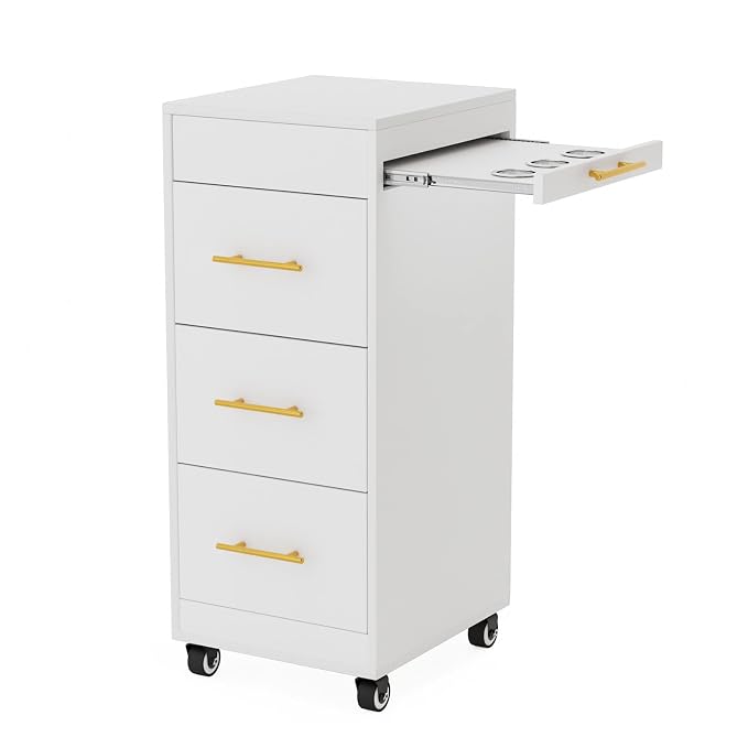 OmySalon Salon Trolley Cart with Wheels, Wooden Hair Storage Cabinet, Stylist Cart Mobile Hairdressing Barber Station for Beauty Spa Barbershop, 3 Large Drawers, 3 Hot Tool Holders, White