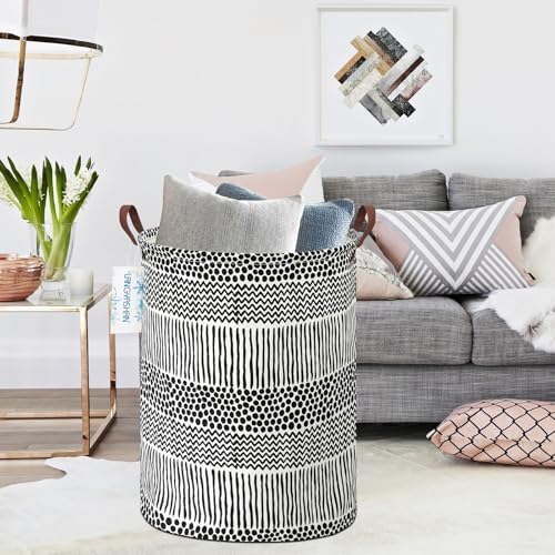Round Laundry Basket Collapsible Storage Hamper Organizer Black Line | Waterproof Canvas Foldable Baskets with sturdy Handles Multi-scene Organizer for Home Play Bedroom Gift Bin