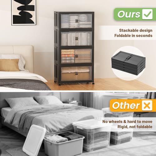 SAILUN 260Qt Stackable Storage Bins,Storage Cabinet with a Lid,4 Pack Black
