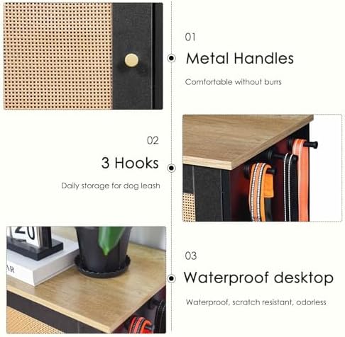 Modern Pet Feeding Station with Storage Cabinet: Elevated Dog Bowls, Hidden Storage, and Side Hooks for Stylish Home Organization, Black