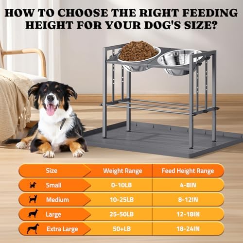 Pawtners Elevated Dog Bowl for Large Breed, Adjustable Feeder with Mat