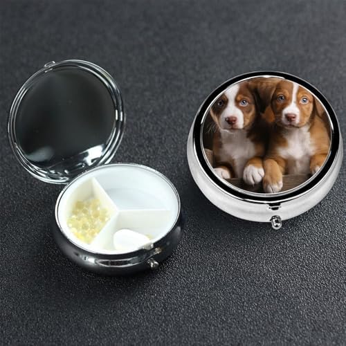 Pill Box 3 Compartment Medicine Pill Case for Pocket or Purse Mini Metal Pillcase Puppies Dogs Pets Animals Pill Holder Vitamin Organizer Portable Travel Pills Container to Hold Supplements Vitamins