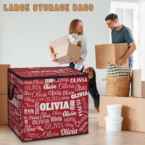 Personalized Extra Large Storage Bins with Lid, Customized Name Solid Red Background Jumbo Storage Basket Rectangle Clothes Organizer for Organizing Kids and Pets Toys Shelf Closet