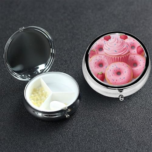 Pill Box 3 Compartment Medicine Pill Case for Pocket or Purse Mini Metal Pillcase Pink Donut and Cupcake Pill Holder Vitamin Organizer Portable Travel Pills Container to Hold Supplements Vitamins
