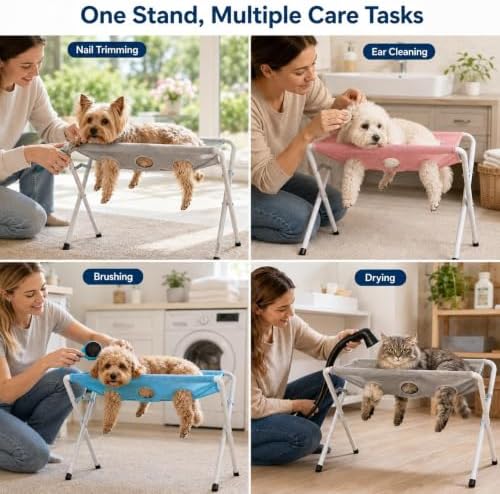 Foldable Pet Bathing Stand, Mesh‑Surface Grooming Stand for Small Pets (Grey) | Portable Dog Grooming Shower Rack with 8 Holes & Adjustable Straps, Foldable Metal Frame for Daily Pet Care and Bathing
