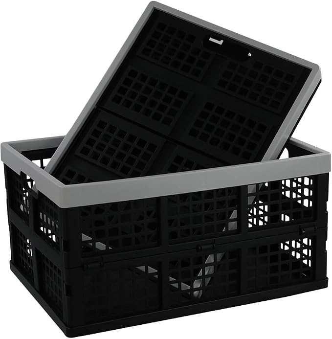 34-Liter Collapsible Milk Crates, Stackable Storage Basket, Set of 4 | Folding Crate for Oraganizing, Black & Grey