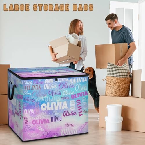 Custom Storage Baskets Cubes for Home with Name, Large Foldable Organizer Collapsible Storage Bins for Home Blanket Comforters Clothes Closet Nursery, Painted Blue Pink Background
