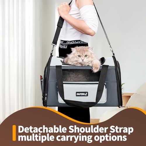Collapsible Small Pet Carrier for Cat 15 lbs with Fashion Pocket Travel Bag | Lightweight Sturdy Little Puppy Dog Carry Crate, Breathable Stylish Kitten Soft Cage Kennel, Portable Yorkie Box Grey