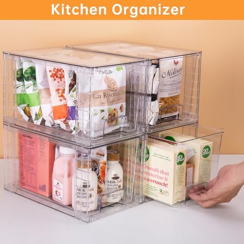 4 Pack Large Stackable Storage Drawers,Clear Acrylic Drawer Organizers with Handles, Easily Assemble for Kitchen Undersink,Bathroom,Cabinet,Makeup,Closet,Pantry,Organization and Storage
