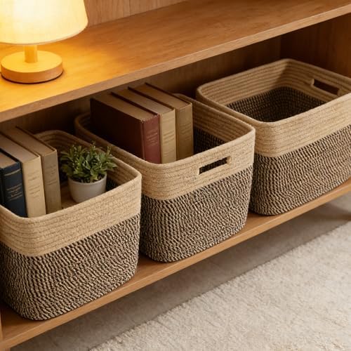 3 Pack Woven Baskets,Storage Baskets for Shelves with Handles | 13.5"×11"×9.5", Closet Baskets, Nursery Organizer for Toys Towels Books, Storage Bin for Living Room Bedroom (Jute & Black)