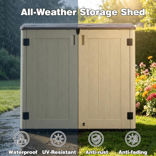 Horizontal Resin Storage Cabinet for Garage, 31 Cuft Waterproof Thickened Outdoor Resin Storage Shed with Floor & Lockable Double Doors for Patio, Garden and Trash Can, Khaki