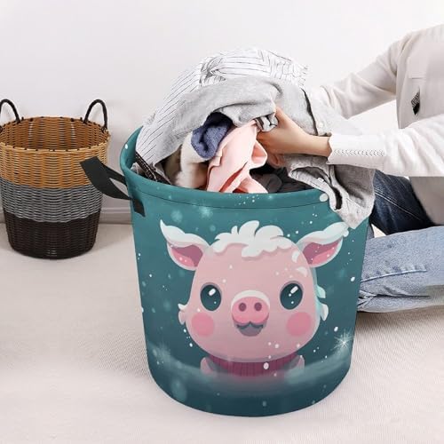 Laundry Hamper with Handle Snow Pets Laundry Basket Waterproof Dirty Clothes Hamper Circular Organizer Basket Portable Storage Bin Decorative Basket for Living Room Kitchen Bathroom Car