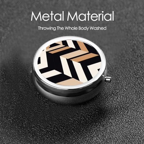 ZhongGuo Black White Tan Zigzag Printed Pill Organizer,Round Travel Pill Organizer Mini Medicine Pill Box for Purse Iron Plating