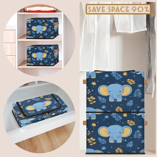 Blue Elephant Storage Bins with Zipper Lid Foldable Fabric Organizer Box with Handles Rectangular Closet Clothes Organizer Containers