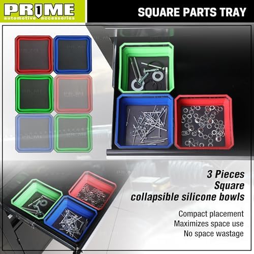 PR1ME Collapsible Magnetic Parts Tray Set, Foldable Magnetic Tray, 3 Pieces 4.25 inch Square Silicone Bowls with Magnetic Base Stores and Organizes Small Parts and Tools