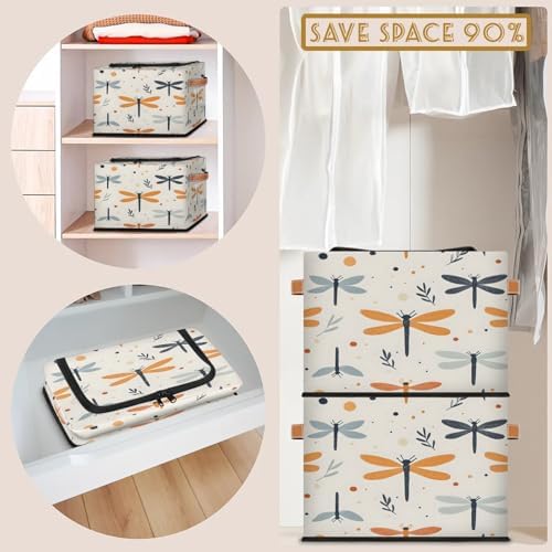 Dragonfly Butterfly Storage Bins with Zipper Lid Foldable Fabric Organizer Box with Handles Rectangular Closet Clothes Organizer Containers