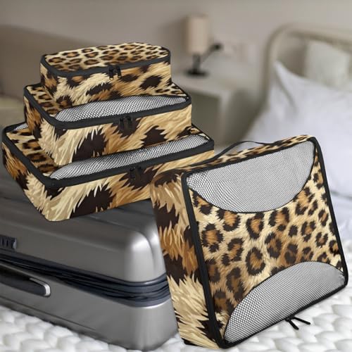 Leopard Print 4 Set Packing Cubes Luggage Organizer Bags for Travel Accessories and Essentials, Cheetah Wild Safari