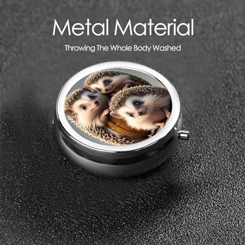 ZhongGuo Cute Little Hedgehogs Printed Pill Organizer,Round Travel Pill Organizer Mini Medicine Pill Box for Purse Iron Plating
