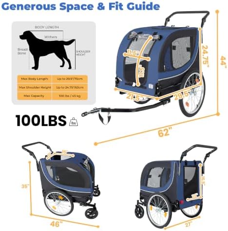 2-in-1 Pet Bike Trailer & Dog Stroller for Ebikes, Heavy-Duty Foldable | Heavy-duty powder-coated steel frame supports up to 100 lbs. 600D Oxford fabric is tear-resistant and sun-protective. Co