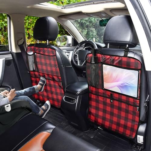 2 Pack Back Seat Car Organizer with Storage Pockets Kick Mats Back Seat Protector Hanging Car Organizer Automotive Seat Back Cover Organizers Red and Black Buffalo Plaid