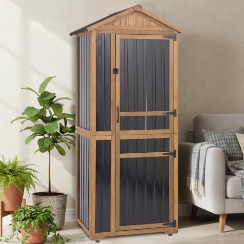 Ketive Outdoor Storage Cabinet 70 Inch, Wooden Vertical Garden Tool Storage Shed with Adjustable Shelves, Waterproof Roof, Lockable Doors, Small Backyard Utility Cabinet for Patio Garage