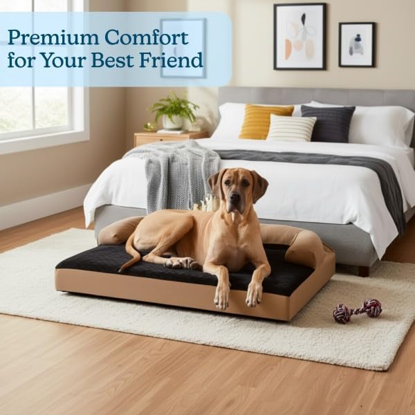 Jumbo Dog Bed – 51x35.5 Pet Bed - 3-Layer Orthopedic Dog Sofa with Cooling Gel, Memory Foam and Neck Bolster by PETMAKER (Tan/Black)