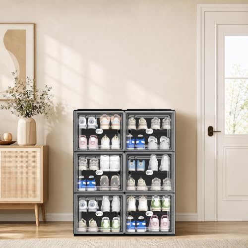 Black Shoe Storage Cabinet for 24 Pairs with Magnetic Clear Doors | Tool-free Assembly, Foldable Shoe Rack, Reinforecd Structure, Anti-Tiping, Furniture for Shoe Organizer, Closet, Garage