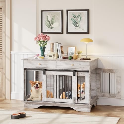 Litake 47in Large Wooden Dog Crate Furniture End Table for 2 Dogs | Indoor Dog Kennel with Removable Divider,, 2 Storage Drawers, Rustic Dog Cage for Living Room,Bedroom