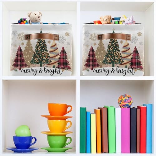 Christmas Tree Golden Leopard Storage Basket with Waterproof Liner and PU Handles Winter Cheetah Snowflake Storage Boxes 14.2" Collapsible Decorative Organizer Baskets for Bedroom Closet Office 2 Pack