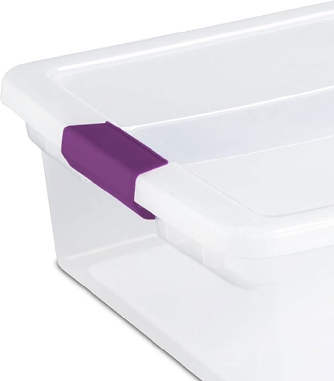 Sterilite ClearView Latch Boxes, Storage Bins with Lids, 32 Quart, 18-Pack | Clear Plastic Organizers with Color Accent Latches for Closet, Bedroom, Shelving Units, Dorm Room and Home Organization