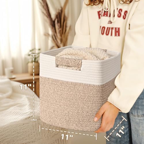 11 Inch Storage Cubes, 3 Pack Cube Storage Bins for Organizing, Cotton Rope Woven Baskets for Shelves, Bathroom, Kids Room, Closets, Baby Nursery