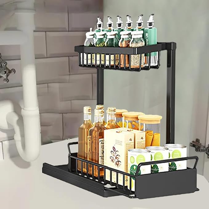 2-Tier Multi-Purpose Under Sink Pull Out Organizer with 4 Hooks, Drawer Style Sink Storage Rack Suitable for Kitchens, Bathrooms and Food Seasoning Bottle Storage Cabinets