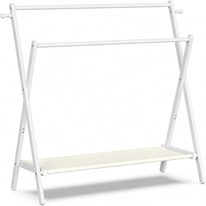 BAMBOOHOMIE Kids Clothing Rack, Small Clothes Organizer Rack, Kids Dress Up Rack with Storage Shelf & Double Rods, Bamboo Child Garment Rack for Playroom Toddler's Bedroom (Large Size - White)